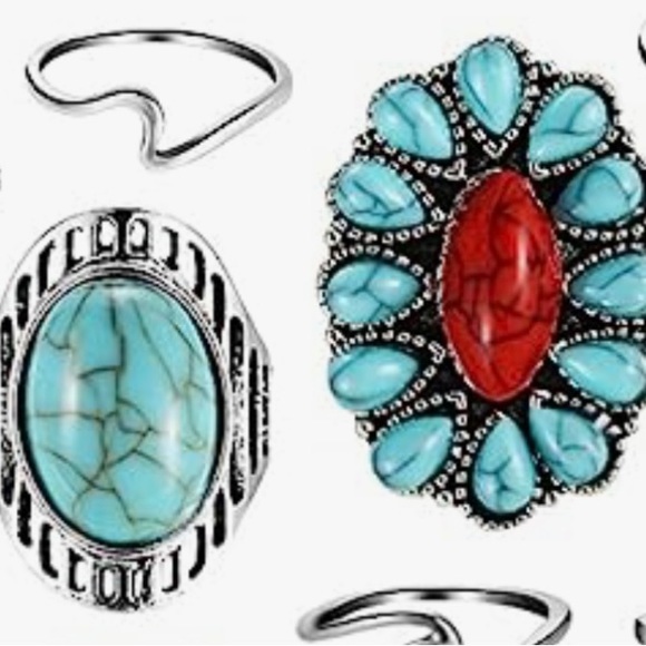 NWT Vintage Turquoise Western Bohemian Gemstone Ring Set of Four - Picture 2 of 13